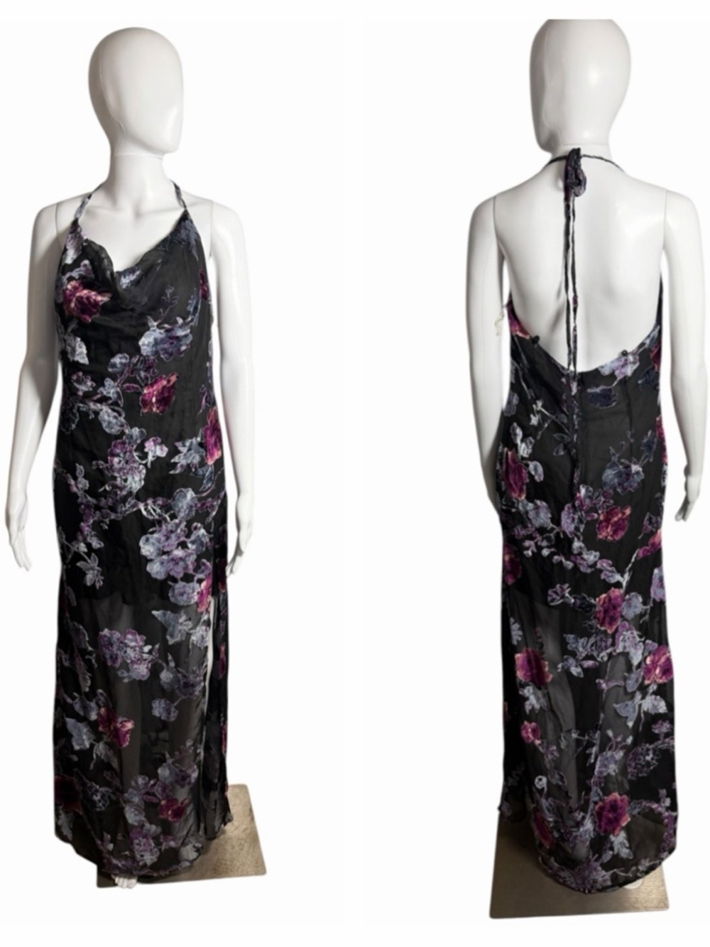 Showpo Black Halter Floral Slip Maxi Dress with Purple Accents 8